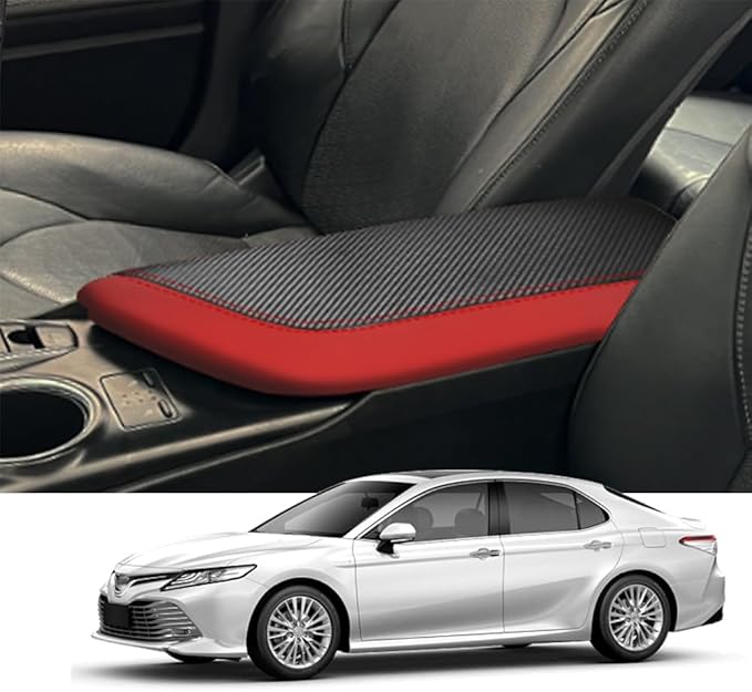 Blazeray Car Center Console Armrest Cover for Toyota Camry 2018-2023 Interior Accessories Leather Anti-Scratch Elbow Arm Rest Cover Cushion Pad Protector Saver (Red with Carbon Fiber Leather)
