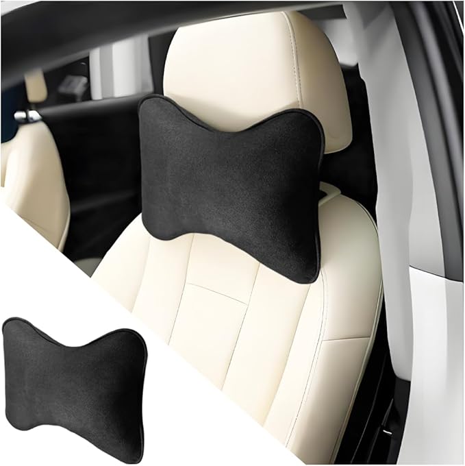 Car Headrest Pillow, Suede Soft Comfortable Breathable Vehicle Seat Neck Support Cushion with Adjustable Strap, Ergonomic Design Auto Head Rest Pad, Universal for Sedan RV Truck (Black)