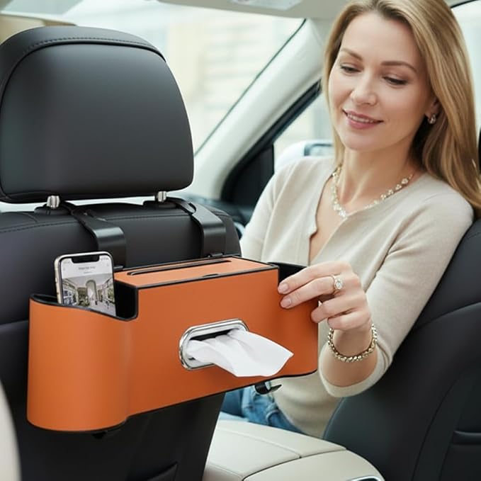 3-in-1 Car Backseat Organizer, 2026 New Multifunctional Back Seat Car Organizer with Cup Holder, Tissue Box, Trash Bin & Hooks for Hold Phones, Snacks, Drinks, Handbags (1, Orange)