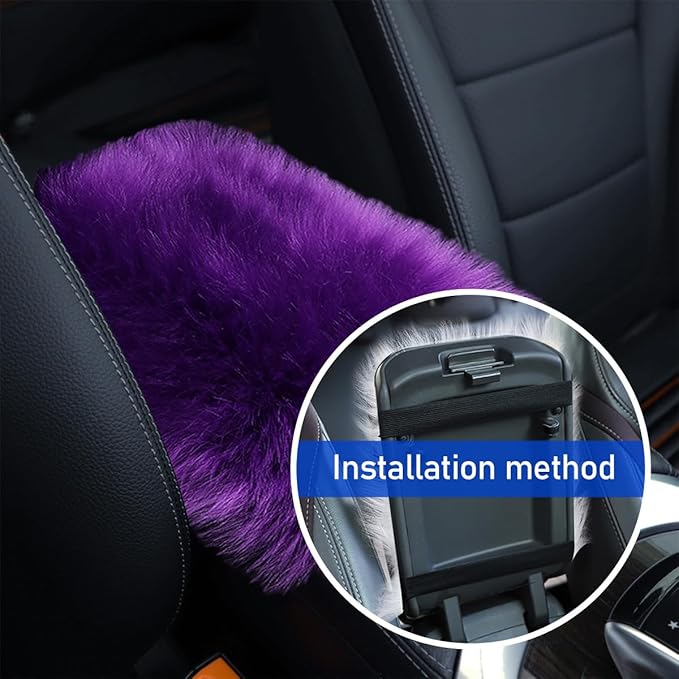 Furry Car Center Console Cover, 11.8"×7.9" Sheepskin Wool Armrest Box Cushion Pad, Comfort Soft Auto Center Console Protector, Interior Decor Accessories for Most Vehicles (Dark Purple)