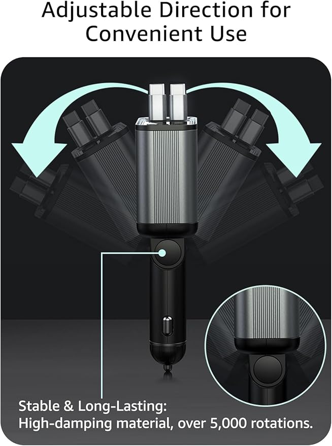 Retractable Car Charger USB C,145W Type C Car Charger Fast Charging with Dual Retractable USB C Cable and USB Ports for iPhone 17/16/15,S25/24/23/22, Pixel 9/8/7(Build-in Dual Type C Cable)