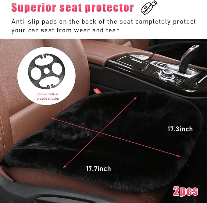 2 PCS Sheepskin Car Seat Cushion, Comfortable Soft Fur Wool Auto Front Seat Cover, Vehicle Seat Protector Pad for Warm Winter Office Chair, Universal Decor Car Accessories (Black)