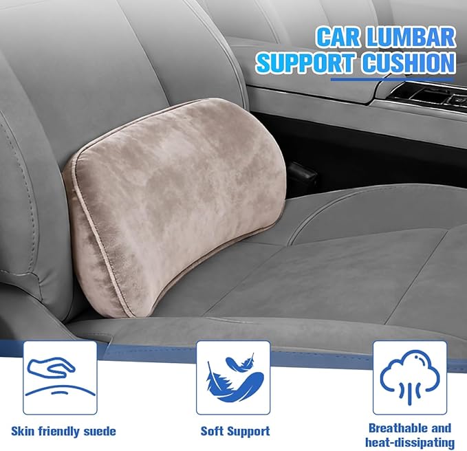 Car Lumbar Support Pillow, Memory Foam Suede Vehicle Back Support Cushion for Pain Relief, Breathable Automotive Interior Seat Lower Back Pillow, Universal for SUV Van Truck (Light Gray)