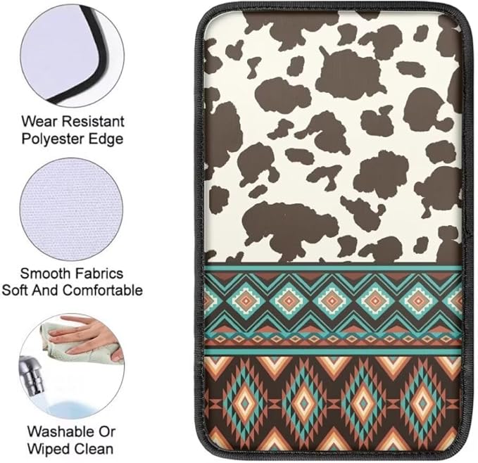 Coldinair Brown Cow Car Center Console Pad Ethnic Aztec Soft Armrest Protector Cover Fit for Most Vehicle,SUV,Truck,Washable