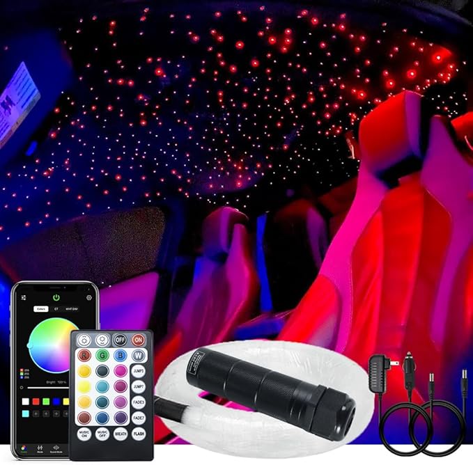 AKEPO 6W Mini Size Music Sync Fiber Optic Starlight Headliner Lights Kit, 295pcs Mixed Size Fibers(0.75+1+1.5mm) 9.8ft/3m App/28key Remote Control Star Ceiling Light Kit