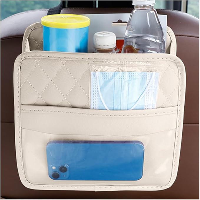 Car Seat Back Organizer, Leather Multipurpose Collapsible Vehicle Backseat Hanging Bag, Portable Automotive Interior Seat Storage Organizer, Universal for SUV RV Truck (Beige)