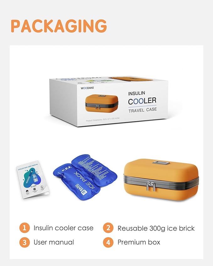 Insulin Cooler Travel Case with Temp Display, 2 x 180g TSA Approved Ice Packs, 9-Layer Insulation for Improved Cooling, Insulin Pen Case, Waterproof, for Daily Use and Trips (Bright Orange)