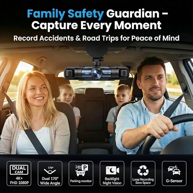 Dash Cam Front and Rear Inside,4 Channel Dashcam for Cars,Car Camera Driving Recorder with IR Night Vision,Loop Recording,3.16 Inch IPS Screen,Parking Mode (Dark Black)
