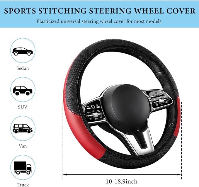 Car Steering Wheel Cover, 15 Inch Anti-Slip Stretch Leather Steering Wheel Protector, Comfortable Breathable Sporty Steering Wheel Cover for Women Men, Car Accessories (Black & Red, AD)