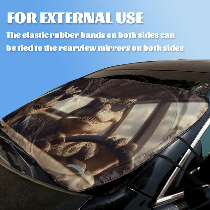 Funny Dinosaur Car Windshield Sunshades Cool Retro Sunglasses Dino Front Window Sun Shade Blocks UV Rays Sun Visor Protector for Car Sedan Truck SUV Accessories 59" L x 31.5" W