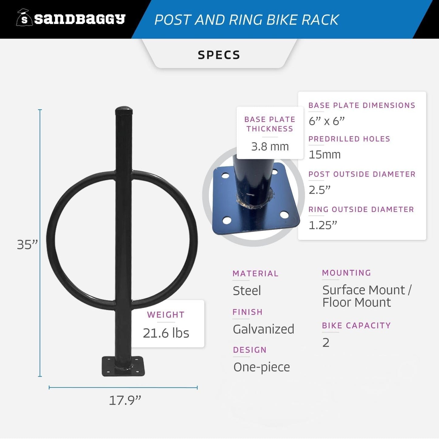 Sandbaggy Post and Ring Bike Rack - Commercial Bike Racks - Galvanized Steel - Anti-Theft Design - In Ground, Apartments, Sidewalks, Industrial (Orange, 1)