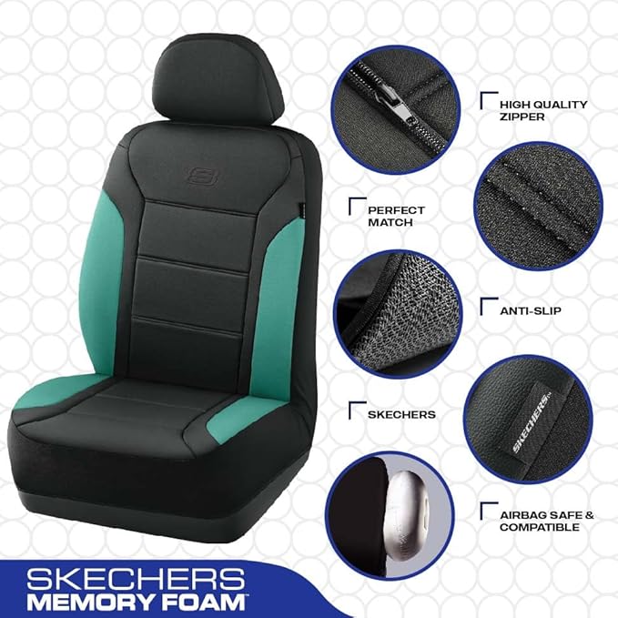 Skechers Memory Foam Car Seat Covers,Fabric Car Seat Protection Thick Memory Foam, Seat Cover for Cars Airbag Compatible, Automotive Comfort Protection for Most Cars,Trucks, SUVs,Green