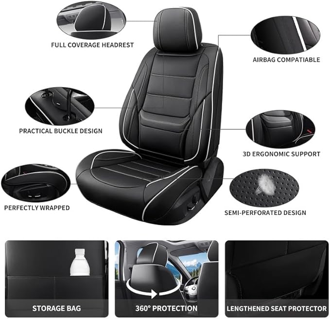 Car Seat Covers Full Set Custom Fit for Mercury Milan 2006-2011-Luxury Leather with Lumbar Support, Breathable, Waterproof, Anti-Slip, Durable, Easy to Install (Black&White,Full Set)