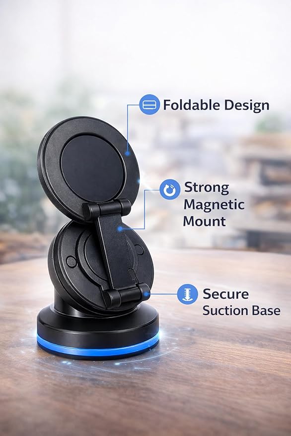 Vacuum Magnetic Car Phone Mount – 360° Adjustable MagSafe-Compatible Phone Holder with Nano Gel Suction Cup, Foldable Hands-Free Mount for Dashboard, Windshield, Gym Mirror, Glass and Smooth Surfaces