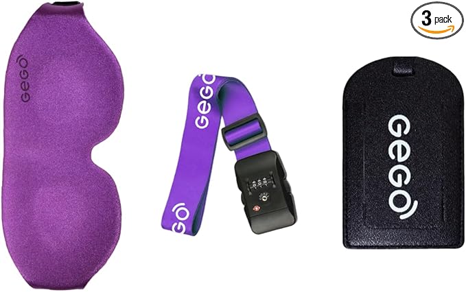 GEGO Premium Travel Kit, Sleep Mask 3D Contoured Eye with Soft Memory Foam, Luggage Tag Waterproof Resistant and Strap with Lock for Luggage TSA Approved (Sleep Mask Purple/Luggage Tag Black)