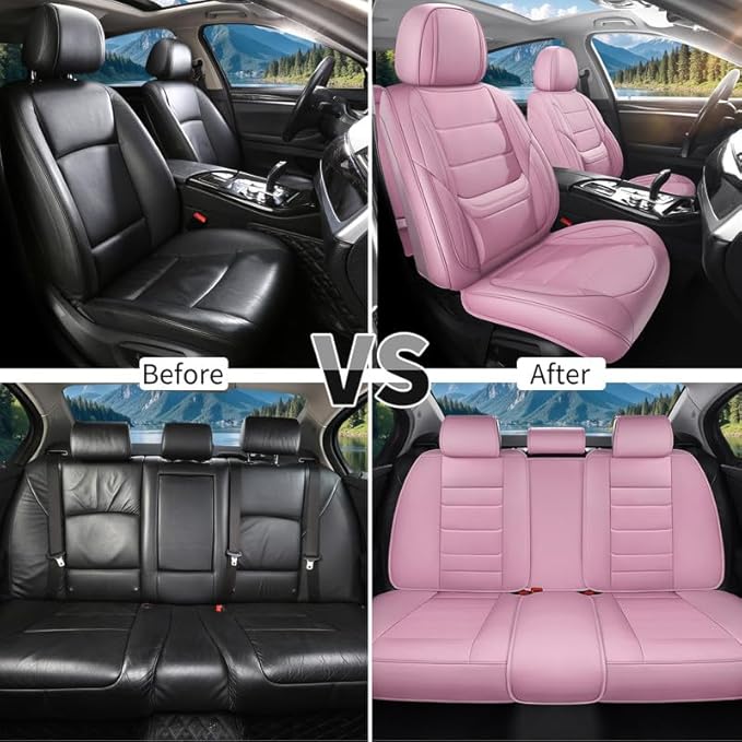 Car Seat Covers Full Set Custom Fit for Ford Taurus 1999-2018 - Premium Faux Leather with Lumbar Support, Breathable, Waterproof, Anti-Slip, Durable, Easy to Install (Pink, Full Set)