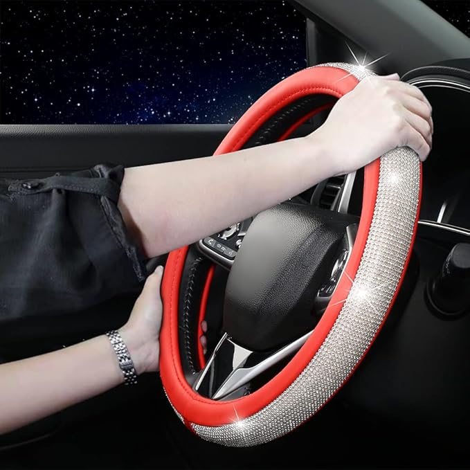 Bling Diamond Leather Steering Wheel Cover for Women Girls with Crystal Rhinestones, Universal Fit 14.5-15 Inch Car Steering Wheel Cover Accessories