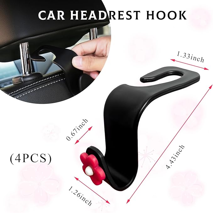 4 PCS Car Seat Headrest Hook, Plastic Headrest Hooks with Adhesive Flower, Auto Back Seat Hanger Storage Hook for Grocery Bag Purse Handbag Umbrella, Car Accessories (Red)