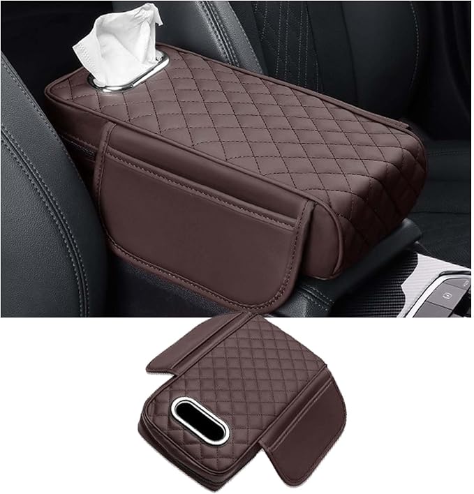 Car Center Console Armrest Pad for Lincoln, Leather Cover with Storage Pocket & Tissue Box Holder, Memory Foam Cushion for Aviator Standard SUV 2020-2025,Coffee