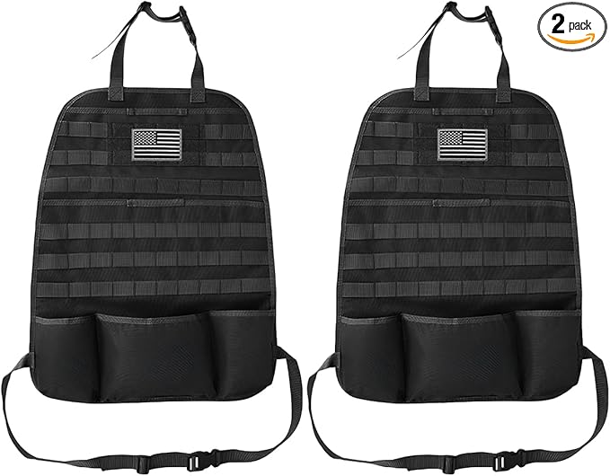 Tactical Molle Car Seat Back Organizer, Vehicle Panel Car Seat Back Cover Protector with 5 Storage Pouch, Universal Backseat Storage Organizer with USA Flag Patch for Car SUV Truck MPV (Black-2 Pcs)