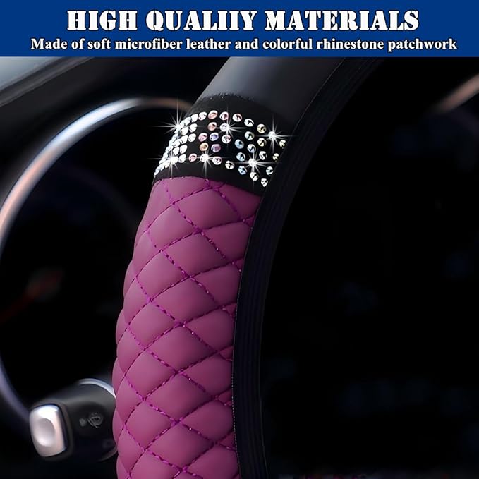Soft Leather Car Steering Wheel Cover, Universal 15 Inch Colorful Rhinestones Anti-Slip Elastic Steering Wheel Covers for Most Cars, Sparkly Crystal Diamond for Women Girls (Purple)