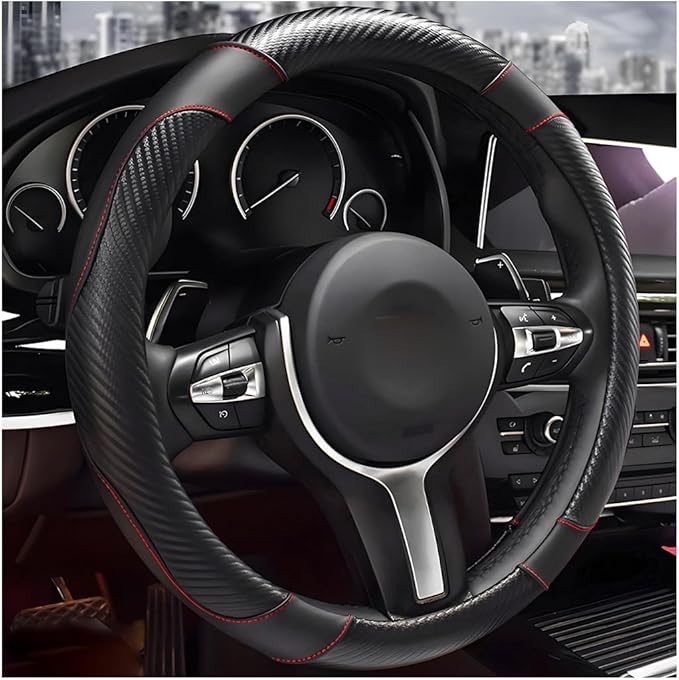 Car Steering Wheel Cover, 15 inch Carbon Fiber Microfiber Leather Elastic Steering Wheel Protector, Breathable Anti-Slip Comfortable Steering Wheel Covers for Most Cars (Black)