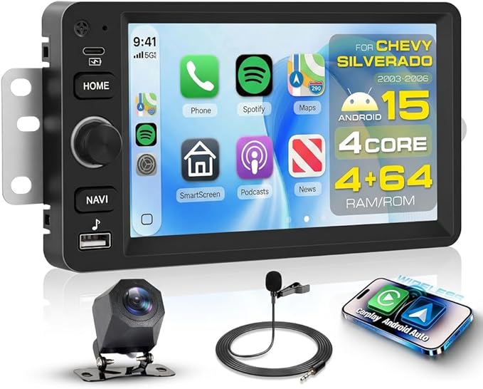 4G+64G Android 15 Car Radio Stereo for Chevy Chevrolet Silverado Tahoe SSR 03-06, GMC Sierra Yukon,Hummer H2 H3, 7'' Touchscreen with Wireless CarPlay Android Auto Backup Camera,GPS BT FM RDS Radio