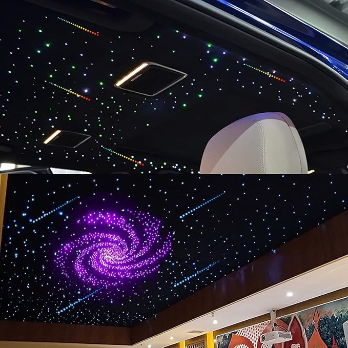 Small Size AKEPO 32W Dual-Head Different Color APP Fiber Optic Lights with Meteor Effect, 1100pcs of 0.03in 13.1ft Optical Fibers +RGBW Music Activated Fiber Optic Star Ceiling Light Kit for Car/Home