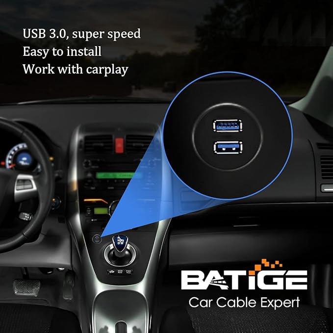 BATIGE 2 Ports Dual USB 3.0 Male to USB 3.0 Female AUX Flush Mount Car Mount Extension Cable for Car Truck Boat Motorcycle Dashboard Panel 1ft