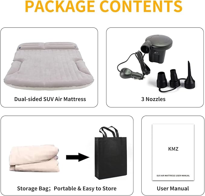 KMZ SUV Air Mattress Thickened and Double-Sided Flocking Travel Camping Bed with 2 Pillows & Pump Dedicated Mobile Cushion Inflatable Bed for SUV Trunk and Rear Seat (Beige and Coffee)