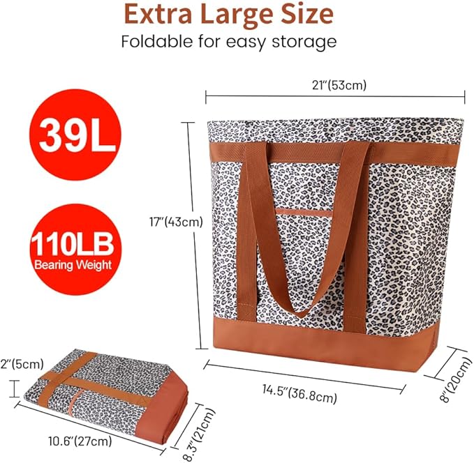 mosago Insulated Grocery Bag, Large Cow Print Reusable Cooler Bag with Zipper, Leakproof Thermal Tote for Food Delivery, Collapsible Shopping Bag for Picnic, Beach, Travel, Compatible with Delivery