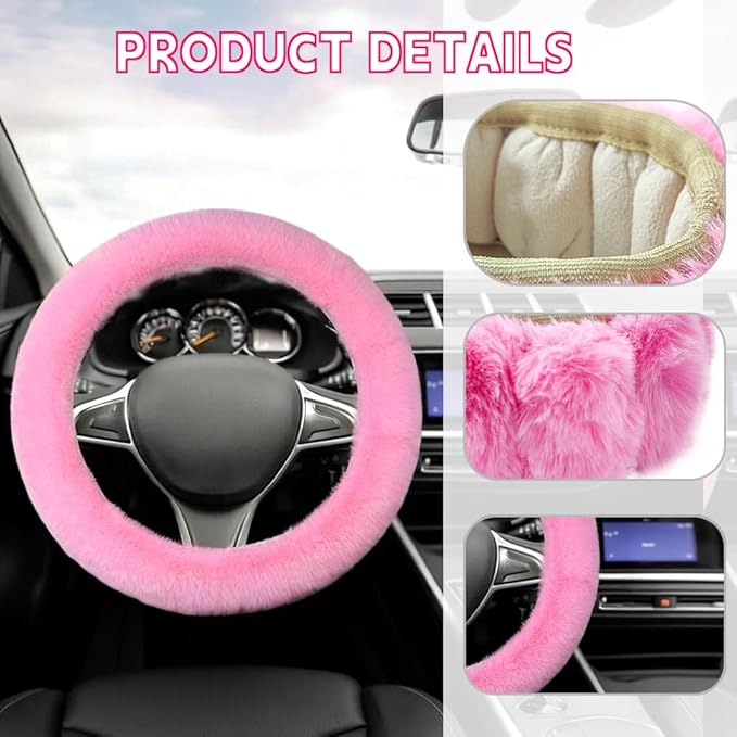 Fluffy Steering Wheel Cover, Winter Warm, Suitable for Most Car Steering Wheels in The 14-15 Inch Range (Pink, 1PCS)