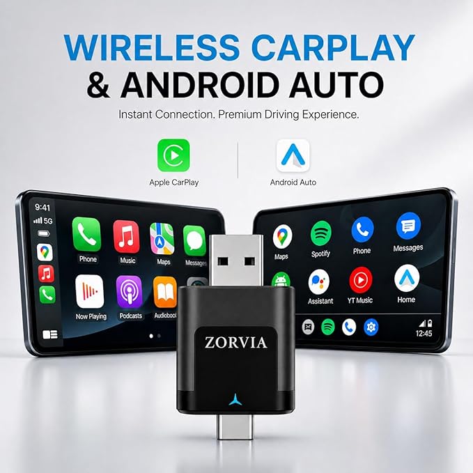 ZORVIA Wireless CarPlay Adapter for iPhone & Android Auto 2026 Upgraded - Convert Wired CarPlay to Wireless, Fast Auto Reconnect, Plug and Play, USB-C & USB-A (Black)
