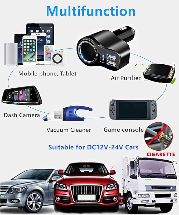 4 in 1 USB C Car Charger, 168W Multi USB Cigarette Lighter Adapter, Socket Splitter with 3 USB Ports, 12V/24V Dual USB Type C PD Fast Car Charger Adapter for iPhone 17/Air/16/15 Pro Max iPad GPS