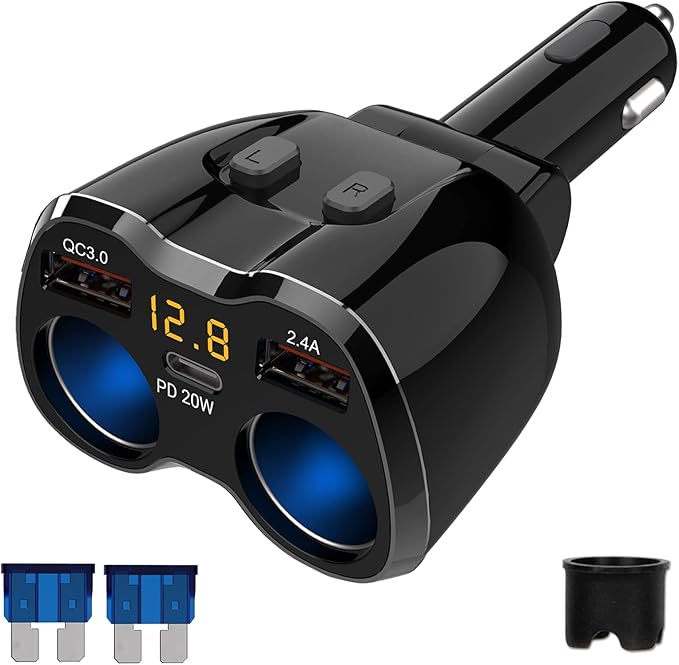Cigarette Lighter Splitter 2 Socket, Qidoe 150W Cigarette Lighter Adapter 20W USB C Car Charger and 18W QC3.0 Multi Port Car 12V Splitter with Button Switch LED Voltmeter for GPS Dash Cam Phone Tablet