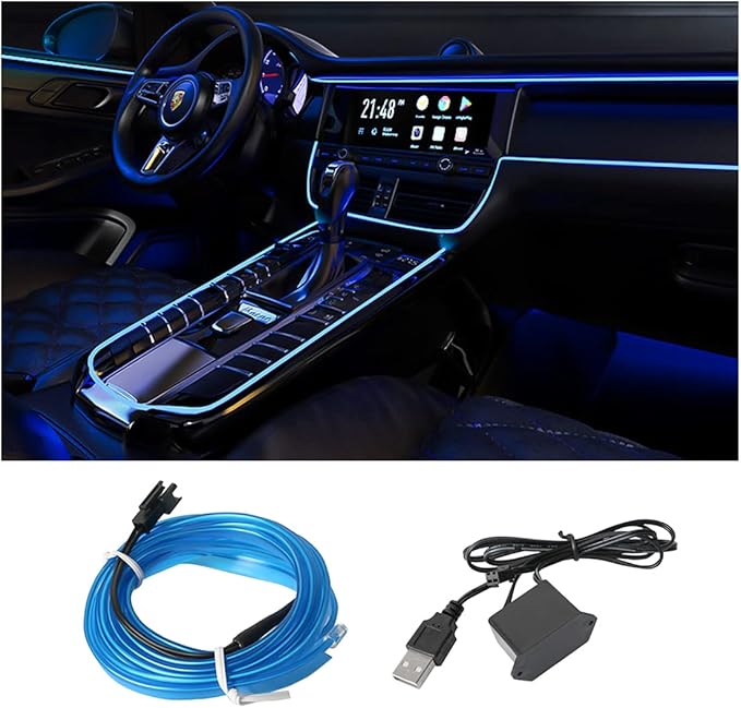 EL Wire LED Strip Lights, USB Auto Neon Light Strip with Sewing Edge, 16FT Electroluminescent Ambient Lighting Kit with Fuse Protection, Car Decoration Accessory (Blue/16FT)