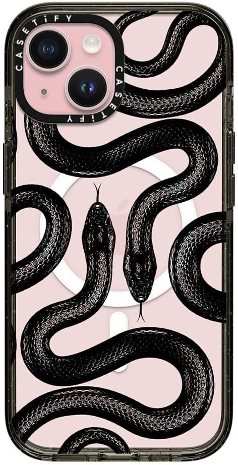 CASETiFY Impact iPhone 15 Case [4X Military Grade Drop Tested / 8.2ft Drop Protection/Compatible with Magsafe] - Animal Prints - Black Kingsnake - Clear Black