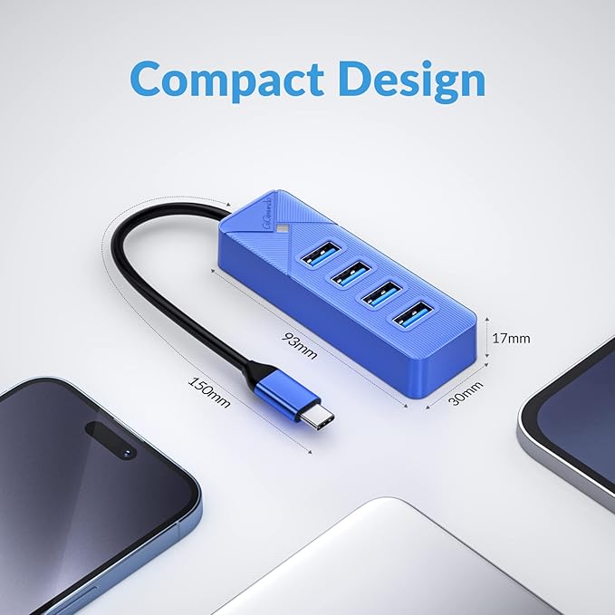 GiGimundo 4-Port USB Hub for Laptop, USB C to USB Hub Multiport Adapter 5Gbps Transfer, USB C Splitter for Laptop, MacBook Pro/Air, iPad Pro, Dell, Chromebook, Keyboard, Mouse, HDD, Blue