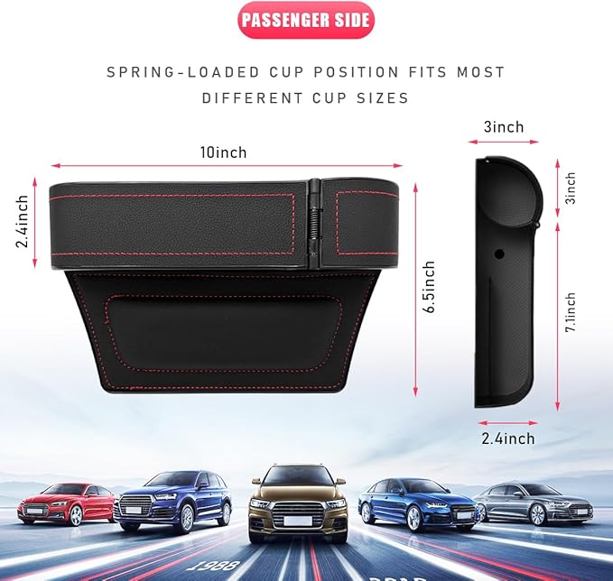 Car Seat Gap Filler with Cup Holder Expander, Automotive Front Seat Storage with Cup Holder, Console Seat Gap Filler Storage Box for Mug Bottle Keys, Car Accessories (Passenger Side)