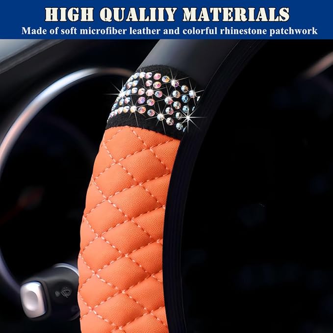 Soft Leather Car Steering Wheel Cover, Universal 15 Inch Colorful Rhinestones Anti-Slip Elastic Steering Wheel Covers for Most Cars, Sparkly Crystal Diamond for Women Girls (Orange)