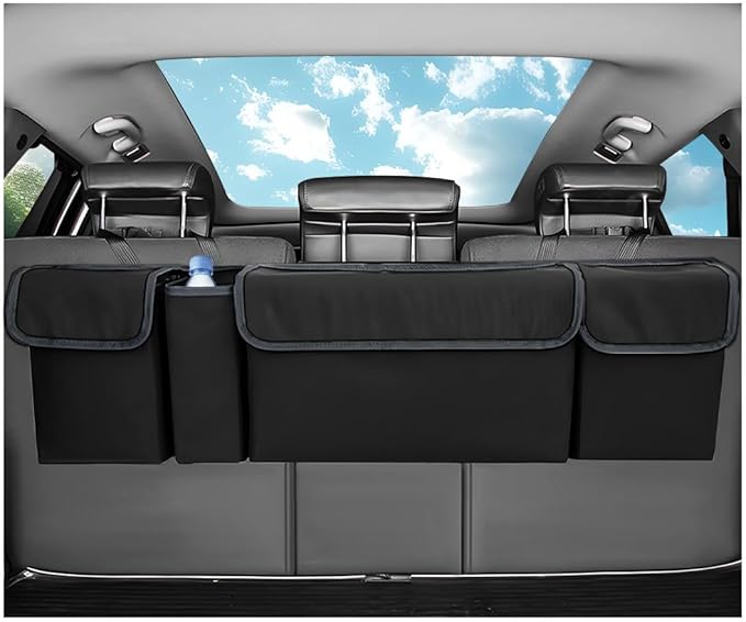 Car Trunk Organizer, Oxford Backseat Storage Bag with 4 Pockets, Waterproof Adjustable Large Capacity Hanging Collapsible Bag for Most Vehicles, Universal Car Accessories