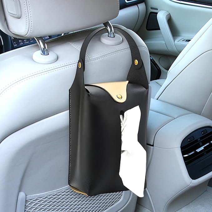Car Tissue Holder, Large Car Headrest Hanging Tissue Box Cover, PU Leather Auto Napkin Holder, Universal Vehicle Backseat Paper Organizer for Cars Sun Visor (Black)