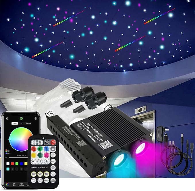 Small Size AKEPO 32W Dual-Head Different Color APP Fiber Optic Lights with Meteor Effect, 1100pcs of 0.03in 13.1ft Optical Fibers +RGBW Music Activated Fiber Optic Star Ceiling Light Kit for Car/Home