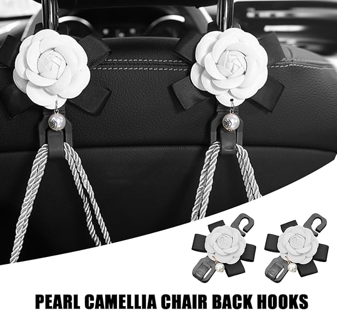 Car Seat Headrest Hook, 2PCS Cute Flower Vehicle Backseat Organizer Hanger for Purse Grocery Bag Coat, Auto Interior Hanging Decor Accessories, Universal for SUV Sedan Truck (White)