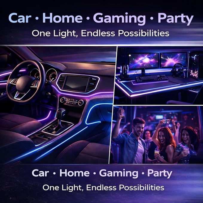 EL Wire Car Interior Lights Kit, 2 Packs 3.28FT Neon Ambient Lighting Strip, USB Powered Electroluminescent Light with Fuse Protection, Flexible DIY Trim Lighting for Car, Home & Party (Purple&Blue)