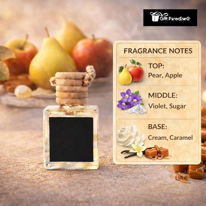 Golden Pear Crème Car Air Freshener Set of 3, 10 ml Hanging Diffuser Bottles with Wooden Cap, Sweet Pear Vanilla Scent for Car, Home & Closet, Velvet Gift Bag