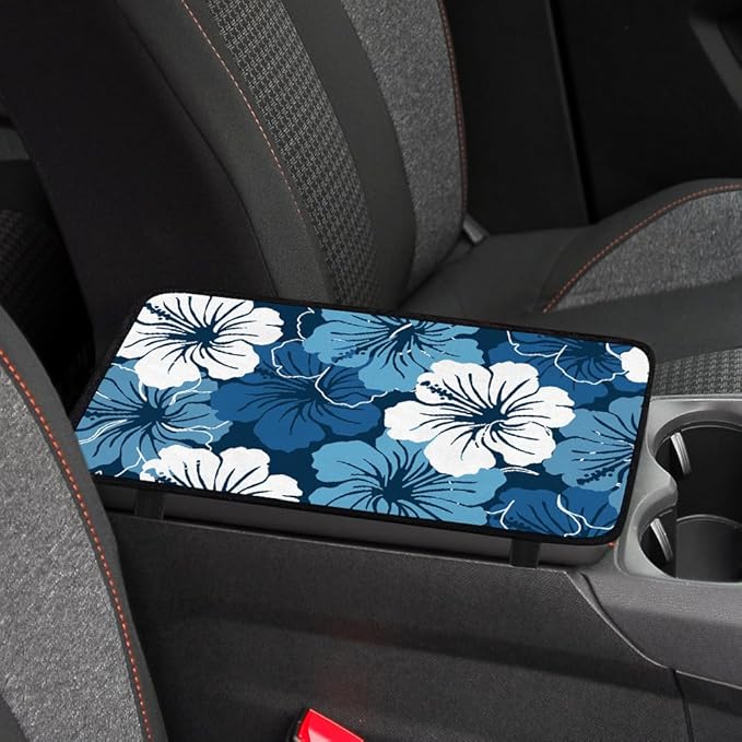 1pc Center Console Armrest Cover Pad 12.6x7.5 inch Blue Aqua Flower Neoprene Car Armrest Cushion Waterproof Armrests Seat Box Cover Protector for Universal Cars Vehicles SUVs