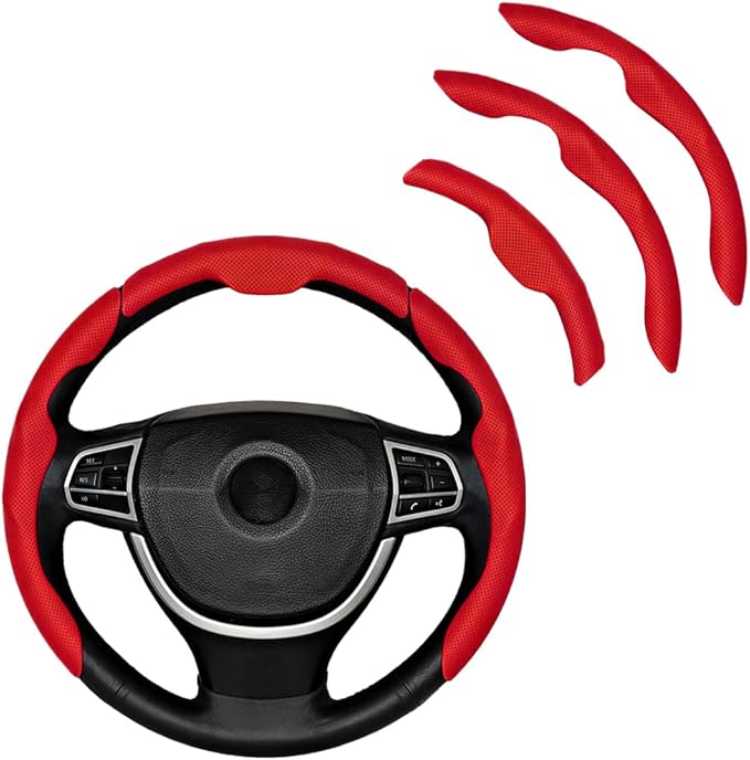 3PCS Car Steering Wheel Cover, Nappa Leather Breathable Non-Slip Segmented Steering Wheel Protector, Snap-on Auto Interior Decoration Accessories, Universal Fit (Red)