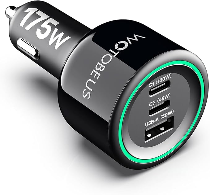 WOTOBEUS 175W 3-Ports USB C Car Charger with Color-Changing LED Indicator, PD3.0 100W 65W PPS45W Fast Charging, Compatible with iPhone 17 16 15 Galaxy S25 S24, Pixel, MacBook, iPad & Type-C Laptops