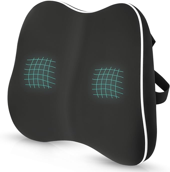 Teemtan Lumbar Support Pillow for Office Chair & Car, Ergonomic High-Density Memory Foam Back Cushion with Cooling Breathable Cover, Adjustable Strap for Lower Back Comfort and Posture, Black